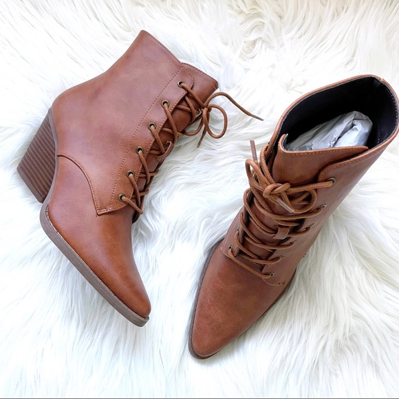 Lace up ankle booties boots camel brown leather heeled heels - Picture 7 of 11